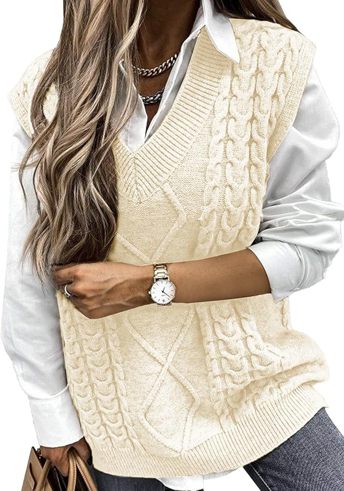 Yousify Women Cable Knit Oversize Sweater Vest V Neck Sleeveless Vintage Loose Sweaters Tops | Amazon (US)