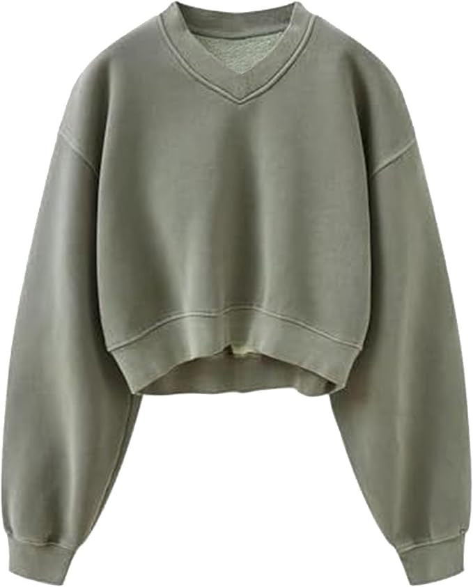 Womens V Neck Cropped Sweatshirt Long Sleeve Crop Pullover Hoodie Casual Loose Athletic Workout C... | Amazon (US)