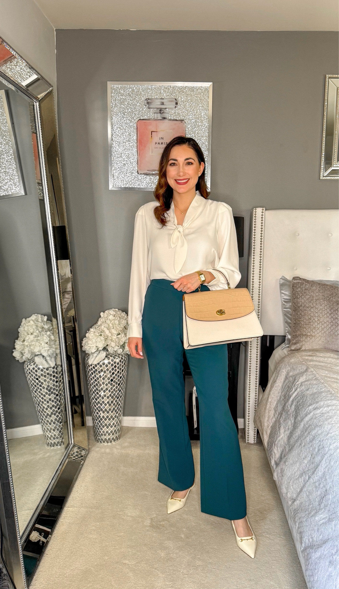How to wear green to work 🤍💚

Cream bow blouse size small, could of sized down
Green crepe pants size 4 curvy, fit slightly big 
Ivory pointed toe sling backs size 7, TTS

Work wear 
Office outfit
Business professional 
Work outfit 

#LTKFindsUnder100 #LTKStyleTip #LTKWorkwear