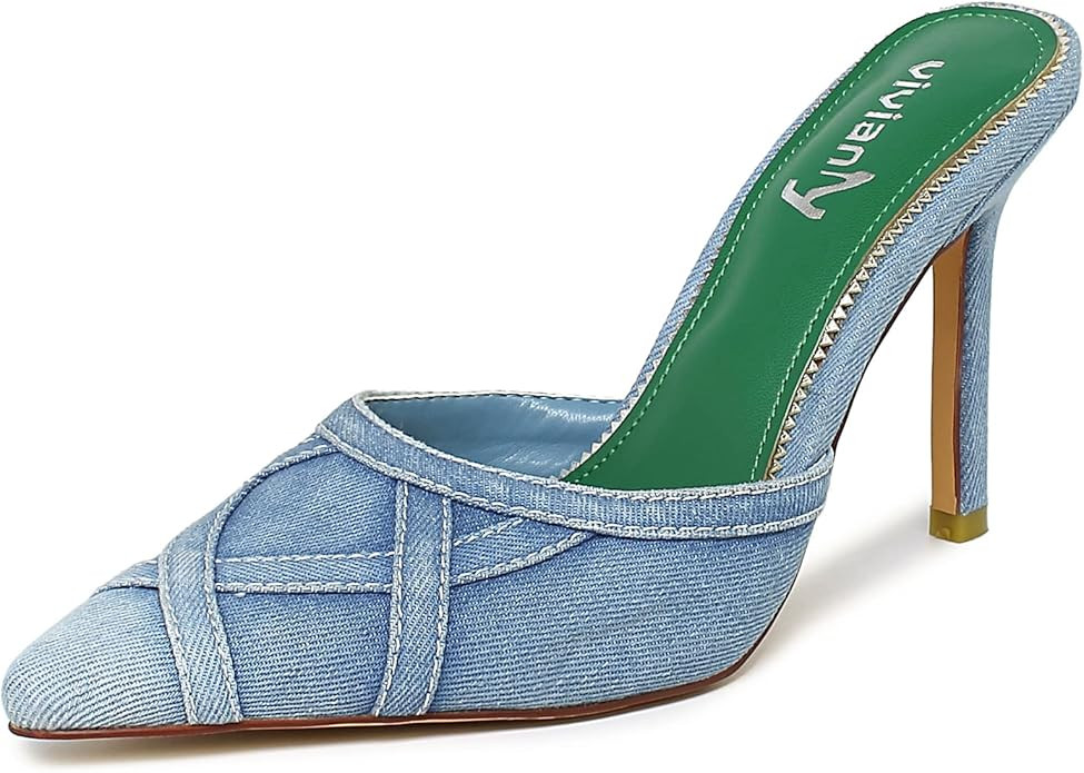 vivianly Womens Denim Stiletto Heels Sandals Pointed Toe Heeled Mule Pumps | Amazon (US)