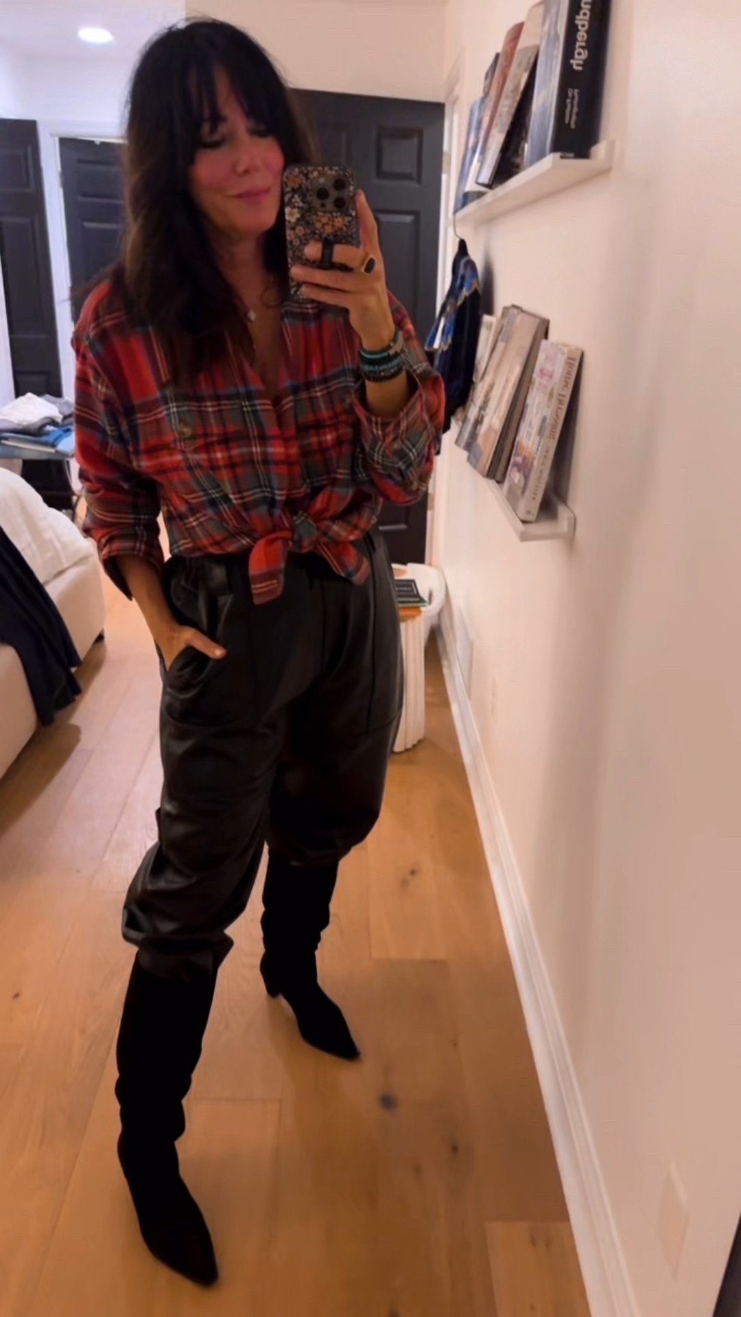 Girls night 
Cozy plaid shirt on sale 
I tucked the collar under to make it more v neck 
Wearing medium cuz I love it loose and big but it’s tts 


#LTKFindsUnder50 #LTKShoeCrush #LTKStyleTip