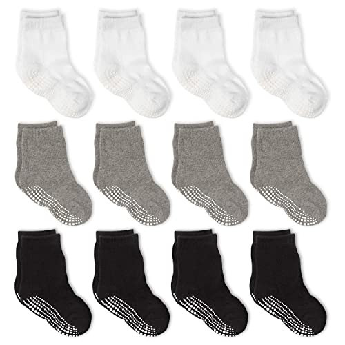 LA ACTIVE Boys and Girls Kids Non-Slip Grip Crew Socks for Newborn baby, Infants & Toddlers 6-12 Months - 12 Pairs - Graystyle | Amazon (US)