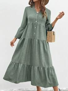 SHEIN LUNE Women's Notched Neck Single-Breasted Long Sleeve Casual Dress Maxi Women Outfit Fall C... | SHEIN