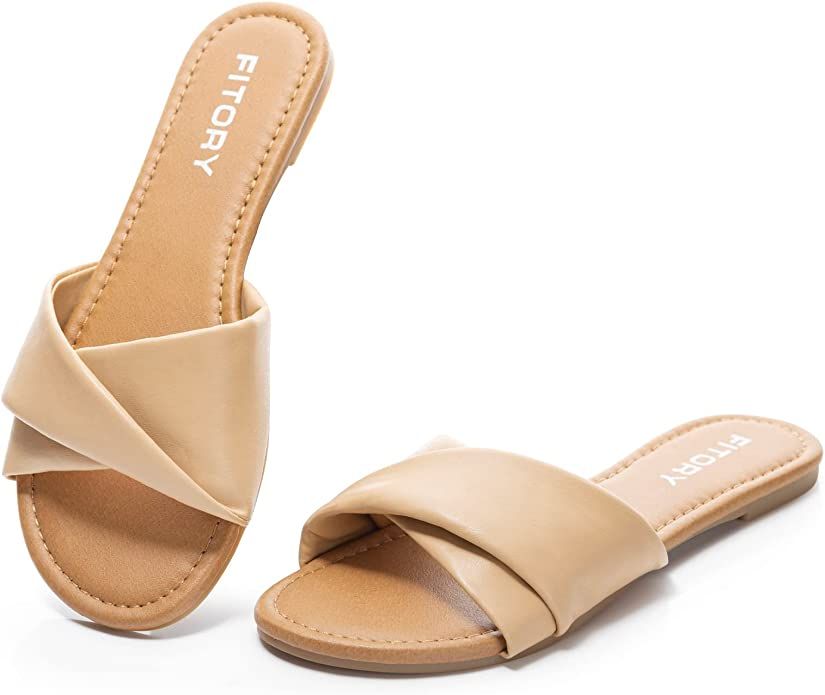 FITORY Women's Flat Sandals Fashion Slides With Soft Leather Slippers for Summer Size 6-11 | Amazon (US)