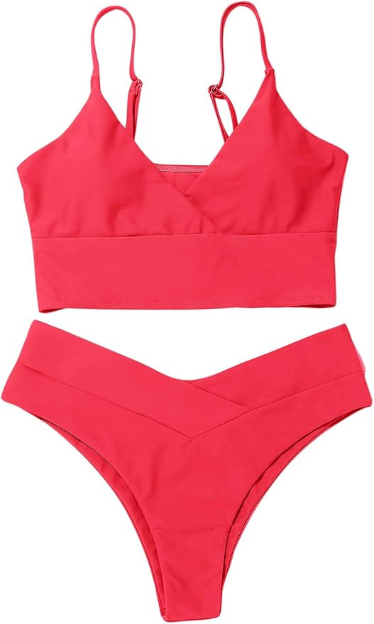 SheIn Women's Sleeveless V Neck Swimsuit Wrap Wireless Bra and Panty Bikini Beach Wear | Amazon (US)