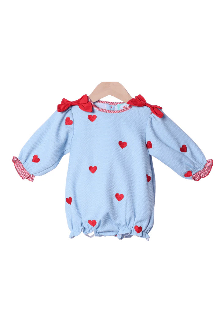Embroidered Hearts Blue Honeycomb Bubble | The Smocked Flamingo