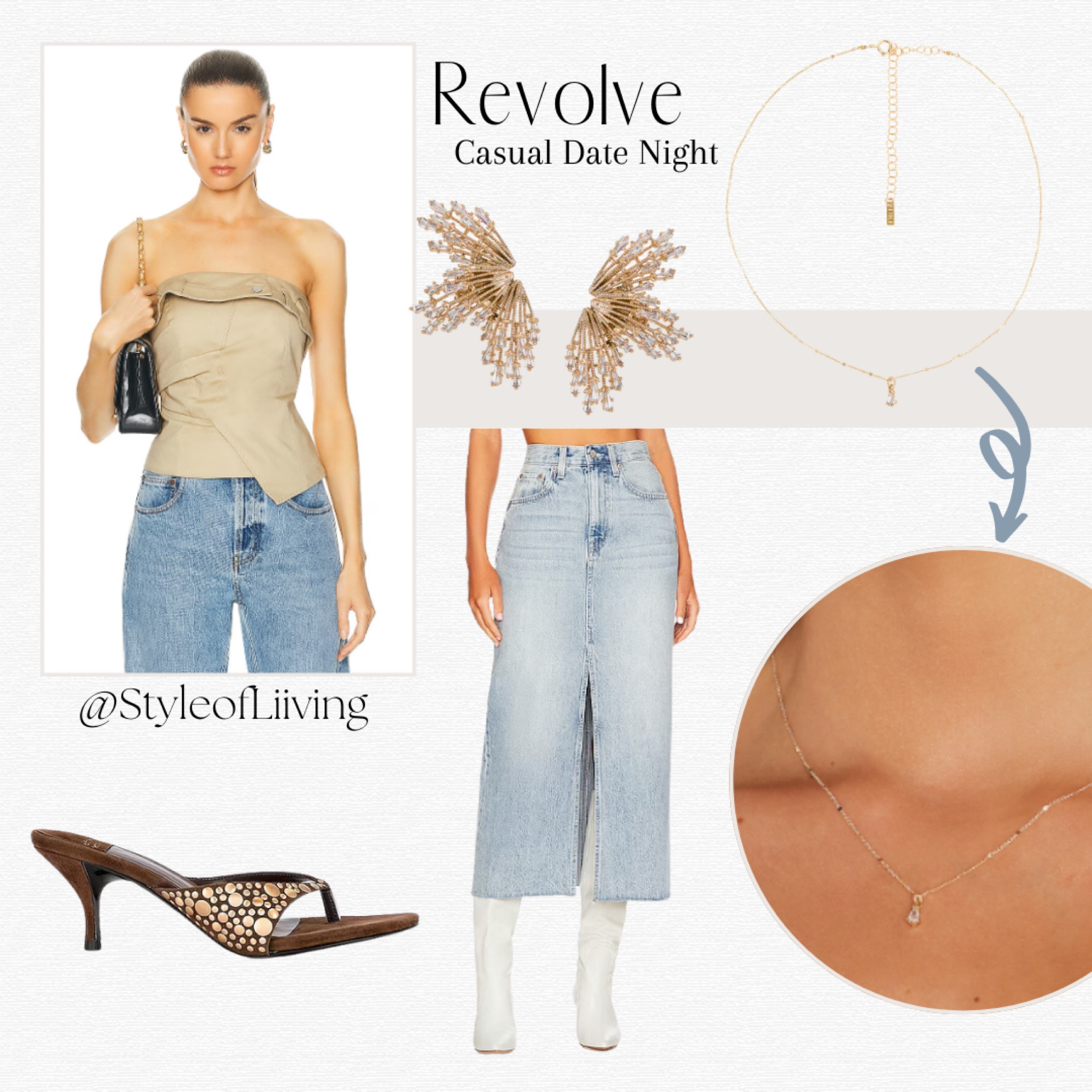 Revolve clothing. Casual date night outfit ideas! Midi maxi denim skirt, strapless top, short heeled sandals, dainty necklace, statement earrings.

#LTKSeasonal #LTKstyletip #LTKshoecrush