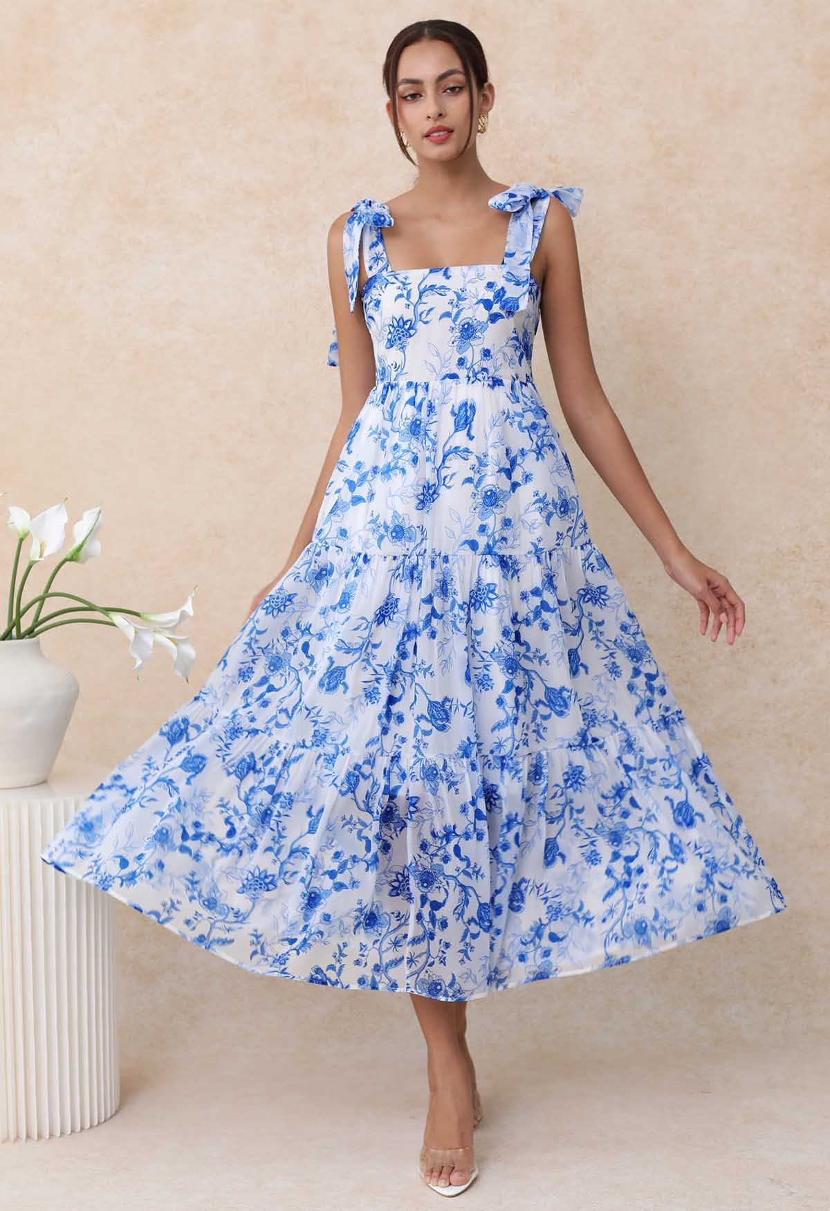 Blue Floral Tie-Shoulder Shirred Tiered Dress | Chicwish