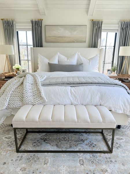 White bedding, Tilly bedframe in white, organic bamboo bedding, luxe for less white linen duvet from Amazon, brass and cream upholstered bench, blue/gray curtains, gold table lamps 

#LTKSaleAlert #LTKStyleTip #LTKHome