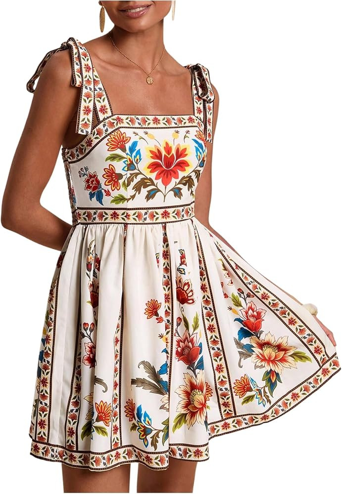 OYOANGLE Women's Boho Dress Floral Tropical Vacation Dress Sleeveless Tie Shoulder Summer Flowy M... | Amazon (US)