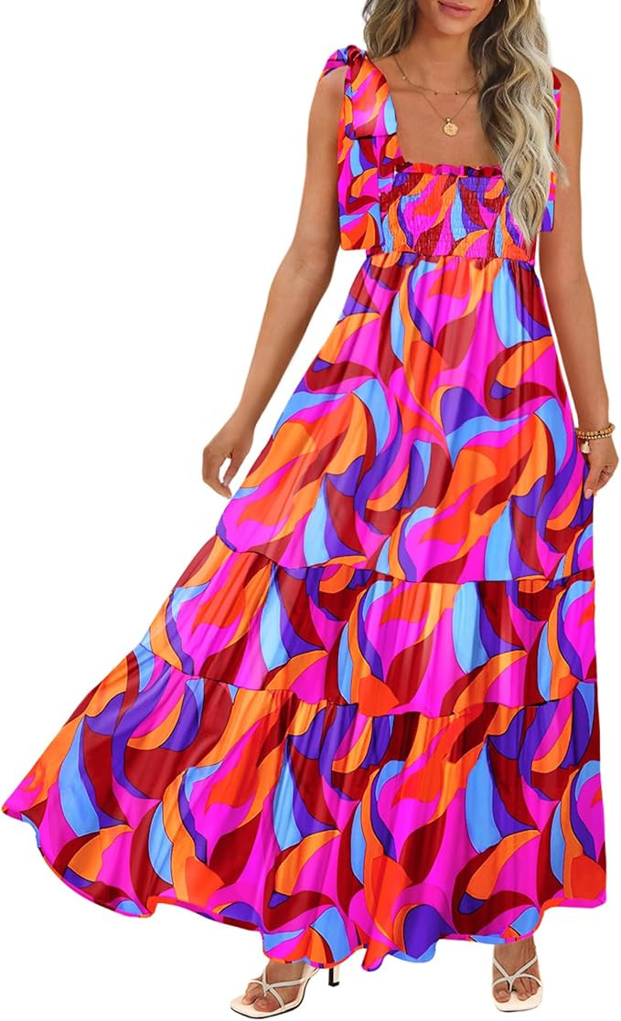 Women's Summer Maxi Dress Boho Spaghetti Straps Casual Long A-line Smocked Beach Dress Square Nec... | Amazon (US)