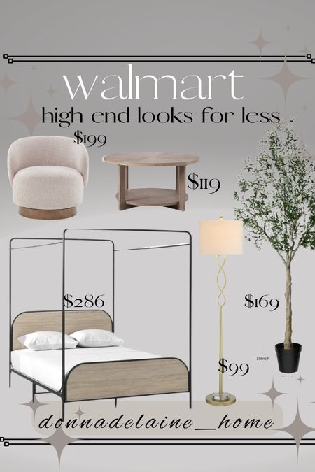 Designer inspired! At Walmart prices, wow. 
I love this beautiful canopy bed..modern and sleek. And a gorgeous swivel chair, beautiful wood tone coffee table, under $200! 
Affordable home furniture,  budget friendly home 

#LTKhome