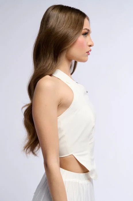 NISSA FAUX LEATHER BUCKLED HALTER NECK TOP | AKIRA