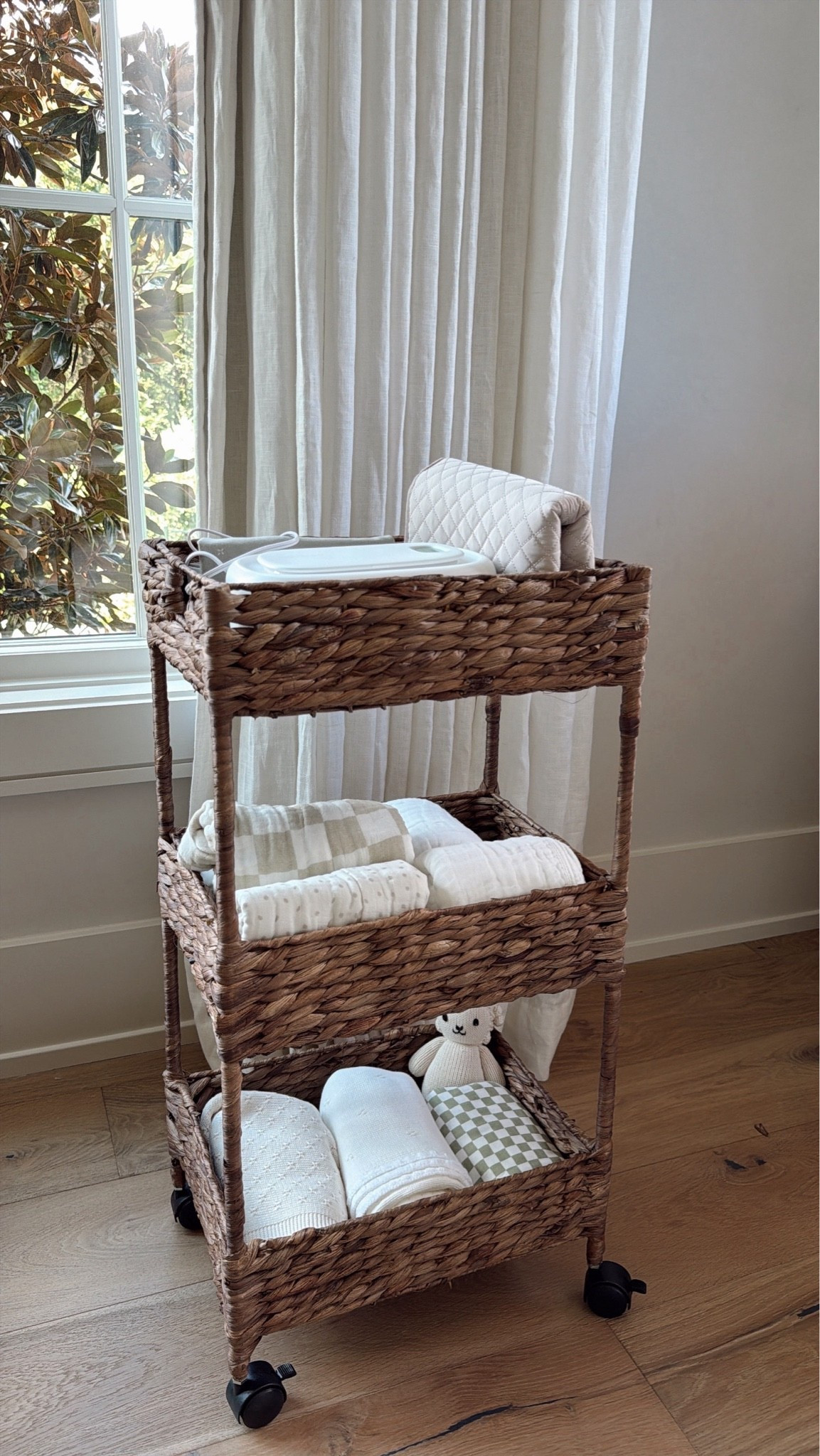 Bedside cart in our primary room! Includes essentials for diaper changers, burp cloths, swaddles, etc! Also added extra outfits for baby boy here too!

#LTKKids #LTKBaby #LTKmomlife