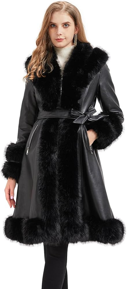 GRAN ORIENTE Women's Faux Leather Jacket with Faux Fur Collar, Winter Long Sleeve Furry Trim Pepl... | Amazon (US)