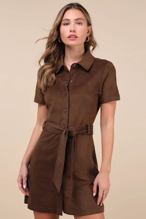 Jolene Brown Suede Button-Up Collared Mini Dress | Lulus