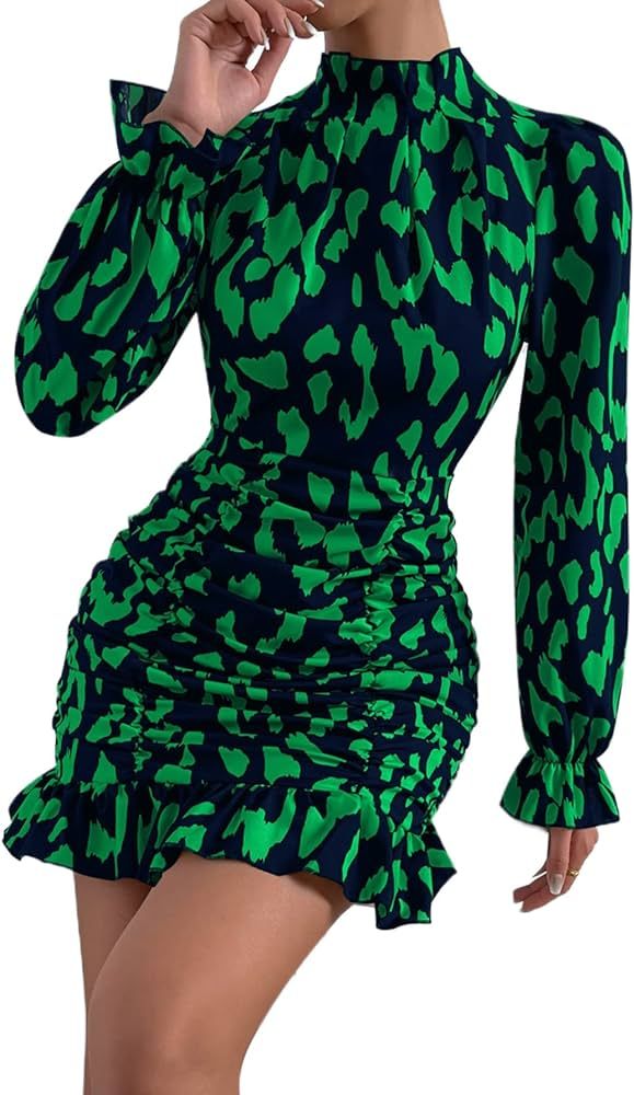 GORGLITTER Women's Allover Print Mock Neck Flounce Sleeve Ruched Ruffle Hem Bodycon Dress | Amazon (US)