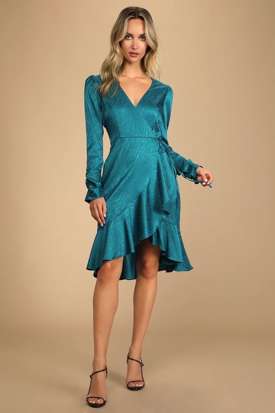 Flair for Drama Teal Blue Satin Jacquard Faux Wrap Midi Dress | Lulus (US)