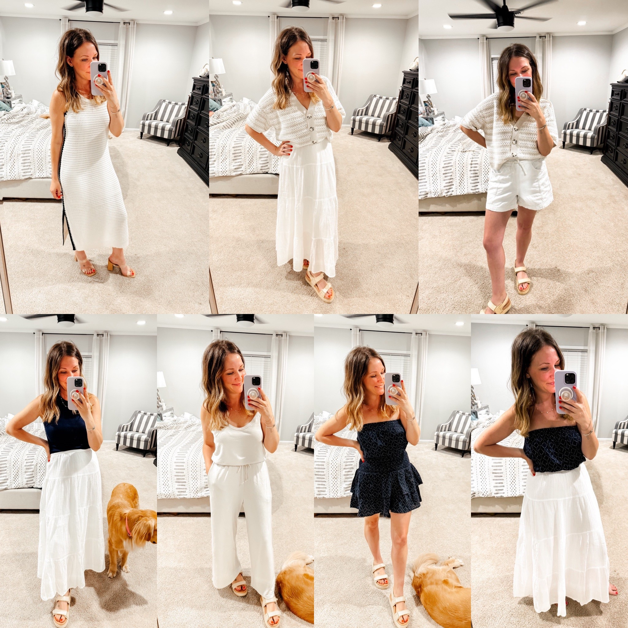 Crochet dress M
Crochet top S
White skirt S
White shorts S
Cream romper XS (size down 2)
Blue set Top Medium
Blue set skirt Small
Rattan Sandals TTS
Navy Tank M

Vacation looks
Target 
