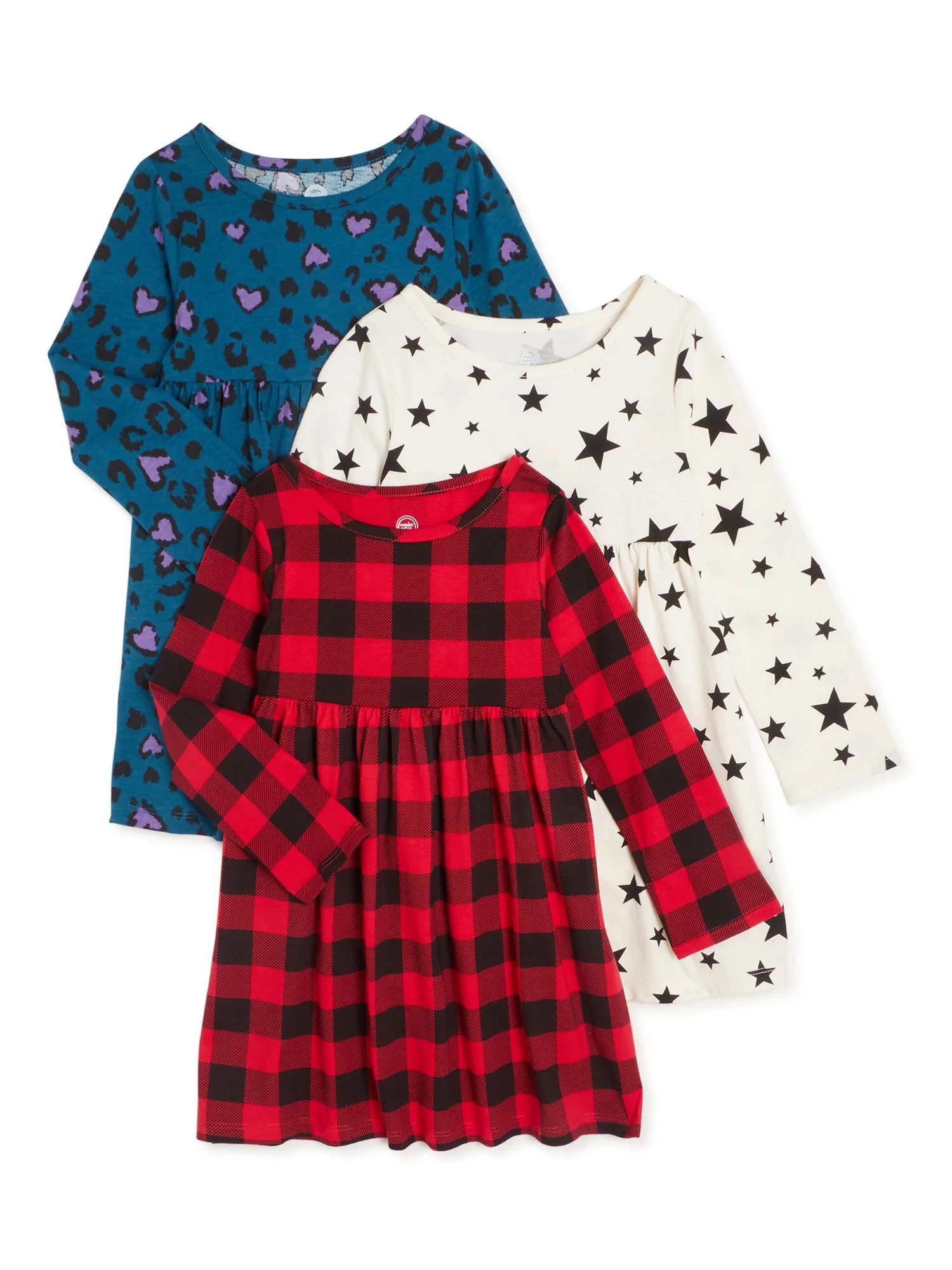 Wonder Nation Baby and Toddler Girl Organic Cotton Long Sleeve Knit Dress with Pockets, 3-Pack, S... | Walmart (US)