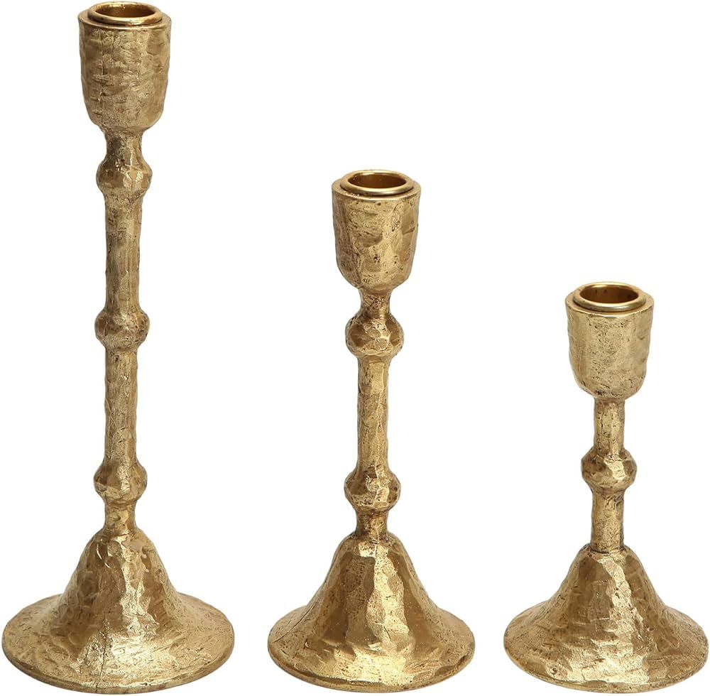 NIKKY HOME Gold Taper Candle Holders Set of 3, Vintage Decorative Resin Candlesticks Centerpieces Decor for Dining Room Table Wedding Party Mantle Fireplace | Amazon (US)