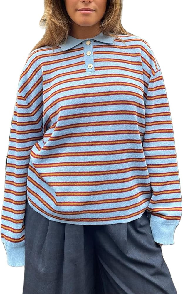 Women Polo Collar Striped Long Sleeve Sweater Y2k Long Sleeve Vintage Stripped Knit Oversized Swe... | Amazon (US)