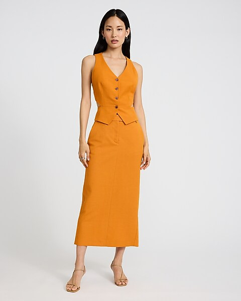 Linen-Blend High Waisted Tailored Midi Skirt | Express