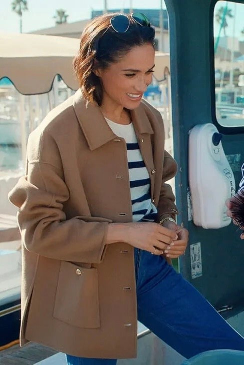 Meghan Markle wore this jacket in season 2, episode 8 and the Holiday Celebration episode of With Love, Meghan. 