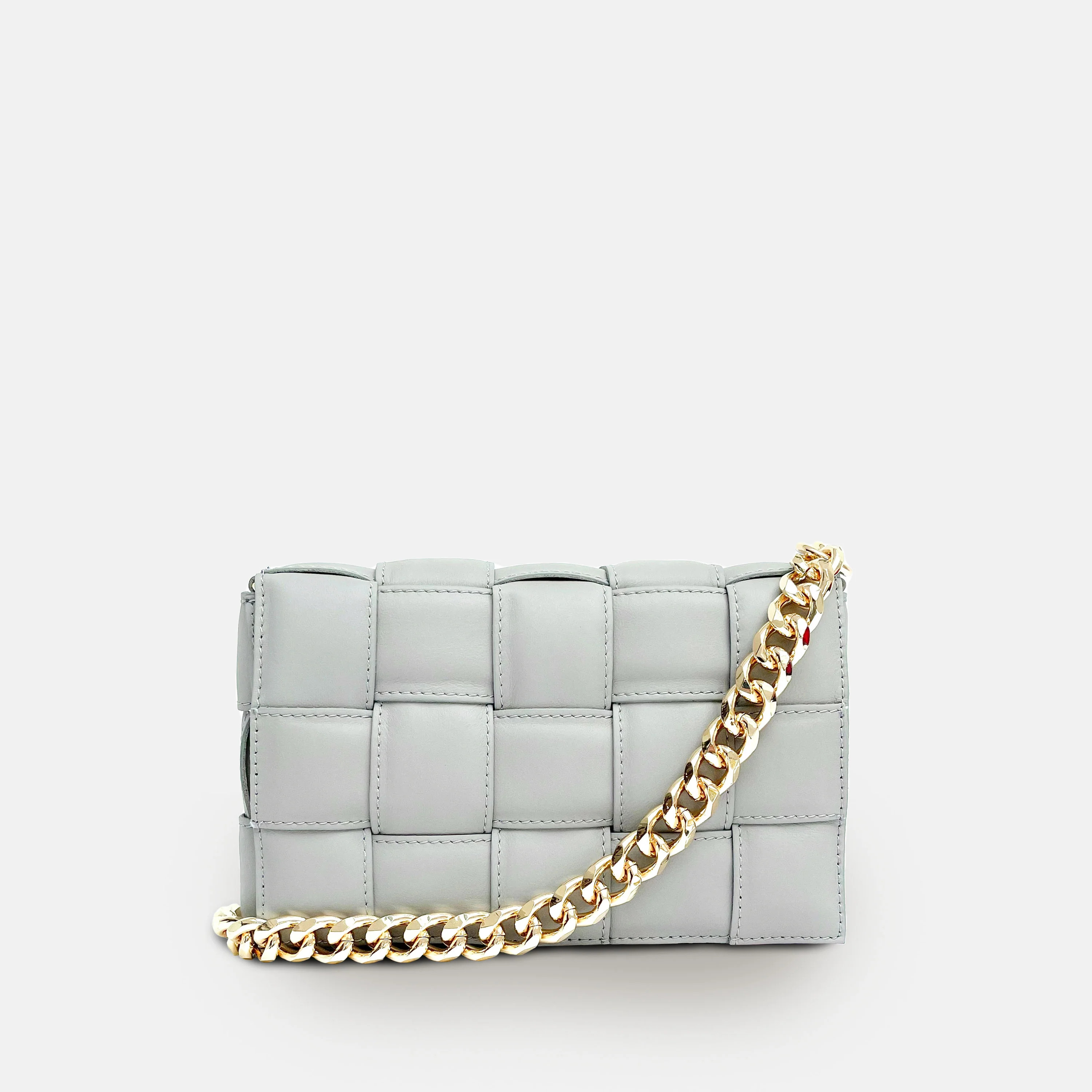 Clay Padded Woven Leather Crossbody Bag With Gold Chain Strap | Shop Simon
