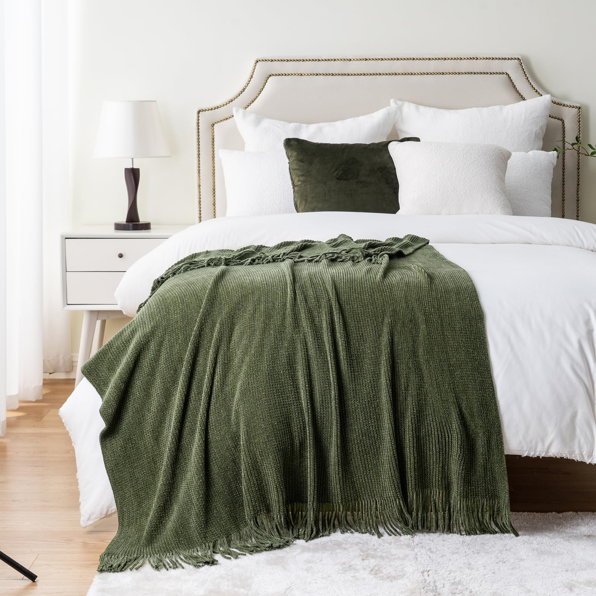 BATTILO HOME Olive Green Throw Blanket for Couch, Soft Chenille Knit Throws with Tassels for Home... | Amazon (US)