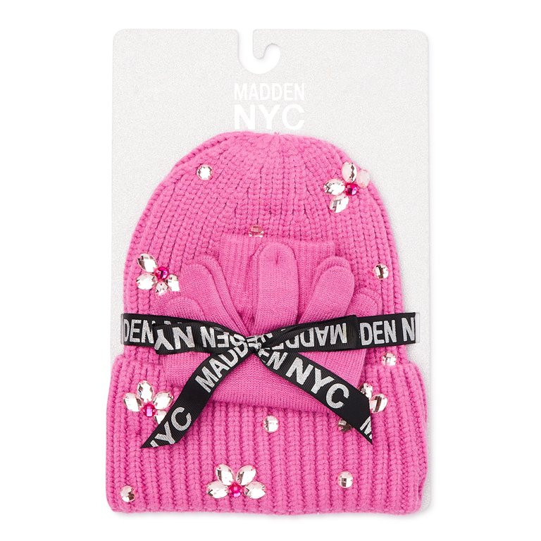 Madden NYC Women's Cuffed Beanie with Rhinestones and Magic Gloves, 2-Piece Gift Set | Walmart (US)