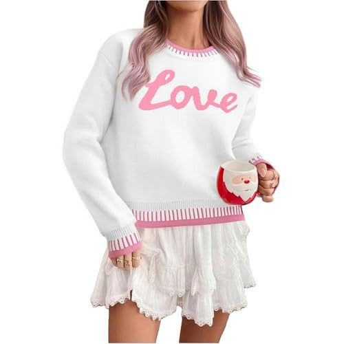 LUKYCILD Valentines Sweater Women Love Heart Sweatshirt Valentine Day Love Sweaters Cute Knitted Long Sleeve Pullover Tops White | Amazon (US)