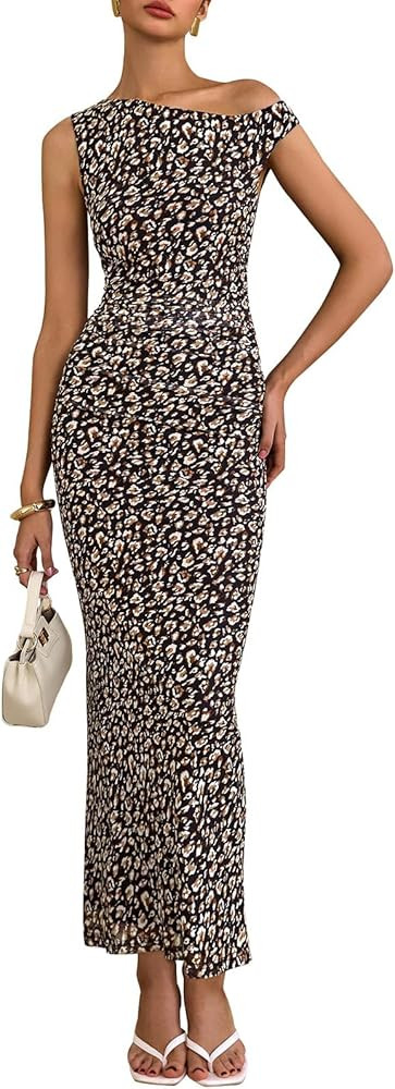 PRETTYGARDEN Women's 2025 Summer Floral One Shoulder Maxi Dress Wedding Guest Ruched Mesh Bodycon... | Amazon (US)