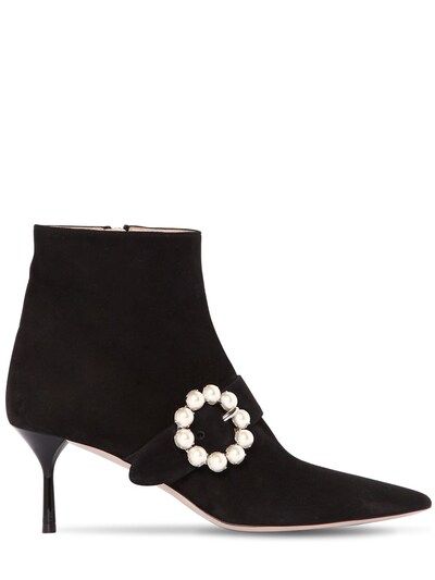 MIU MIU, 65mm embellished buckle suede ankle boot, Black, Luisaviaroma | Luisaviaroma