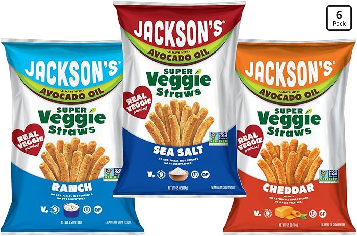 Jackson’s Super Veggie Straws Variety Pack (6.5 oz, Pack of 6) – Ranch, Cheddar, Sea Salt –... | Amazon (US)