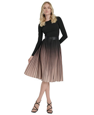 Women's Pleated Jewel Neck Belted Midi Dress | Macy's