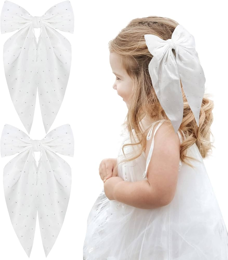 2Pcs Tulle Hair Bows for Girls 6.5 Inch Hair Clip Long Ribbon Hair Bow Clips French Style Hair Accessories for Toddler Infant Women Girls (White) | Amazon (US)