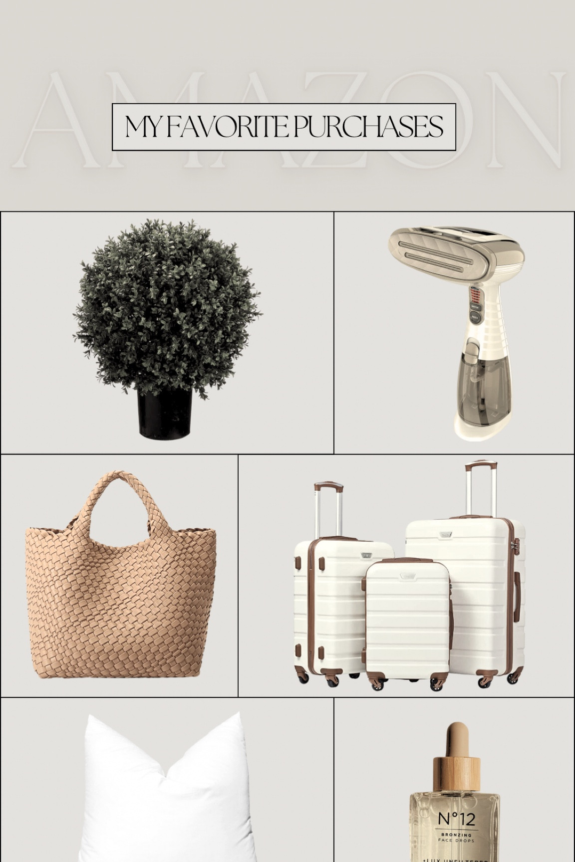 Amazon My Favorite Purchases

1. My Faux Outdoor Shrub
2. My Portable Steamer 
3. My Woven Tote
4. My Luggage
5. My Pillow Inserts 
6. My Tanning Drops

Amazon, Amazon Home, Amazon Finds, Found It On Amazon, Amazon Essentials, Amazon Travel, Luggage, Outdoor Shrubs, Woven Tote, Throw Pillow, Steamer

#LTKunder100 #LTKFind #LTKhome