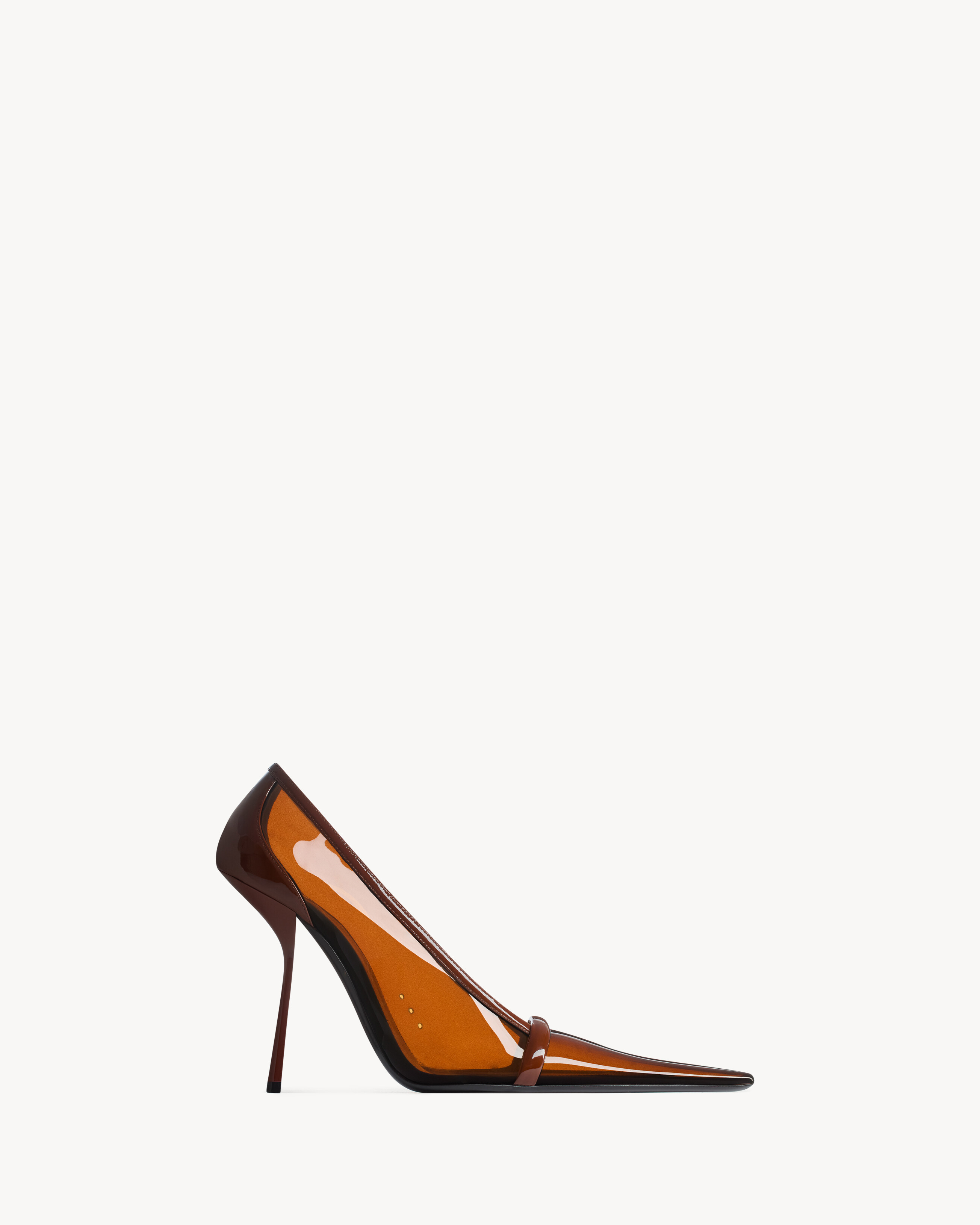 translucent pumps with an angled metal stiletto heel and square pointed toe with square-cut vamp. | Saint Laurent Inc. (Global)