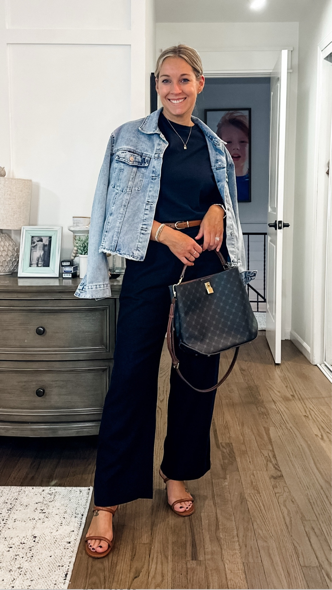 Love this black on black base. A denim jacket is the perfect contrast along with the cognac belt and shoes. Small tee, medium jacket. True to size pants in short length  

#LTKstyletip #LTKsalealert #LTKfindsunder100

#LTKFindsUnder50 #LTKStyleTip #LTKMidsize