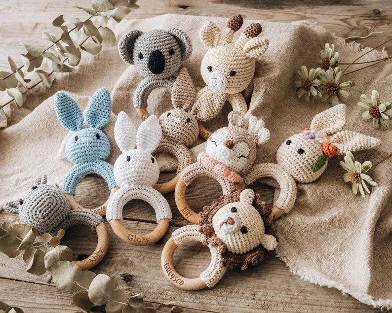 Personalized Animal Baby Rattle Baby Shower Gifts Custom Wooden Baby Rattle Crochet Rattle Toy Ne... | Etsy (US)