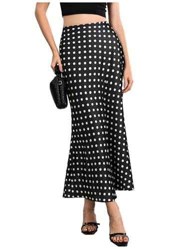 MakeMeChic Women's Silk Satin Polka Dots Midi Skirt Vintage Elegant Flowy Pencil Long Skirts Black X-Small | Amazon (US)
