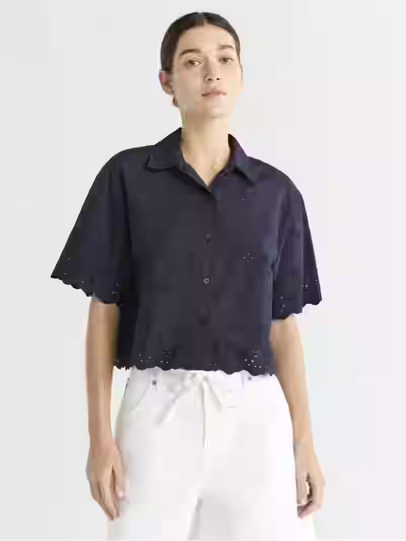 Free Assembly Women's and Women's Plus Cropped Cotton Eyelet Shirt, Sizes XS-4X | Walmart (US)