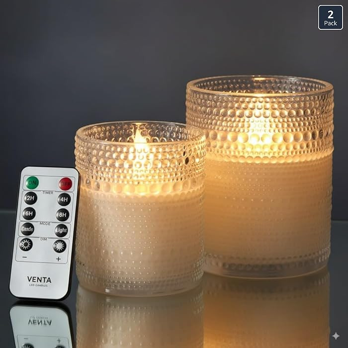 VENTA Realistic Glow Flameless Candles | Decorative Set of 2 in White Dotted Glass with Remote & ... | Amazon (US)