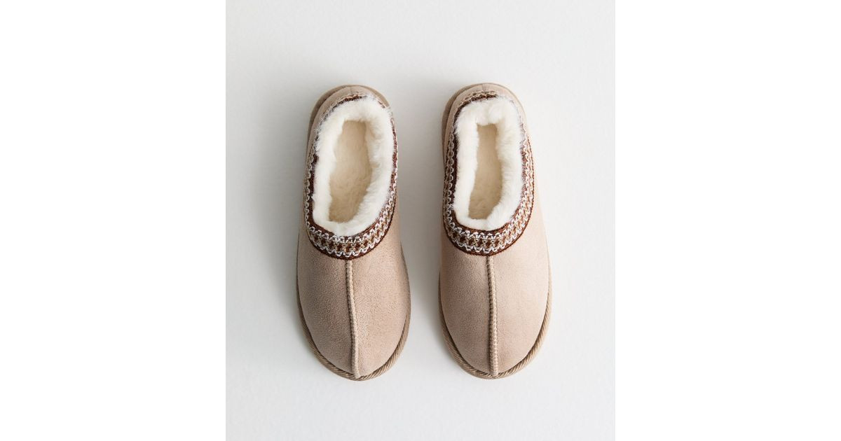 Off White Faux Fur Lined Abstract Print Trim Slipper Boots | New Look | New Look (UK)