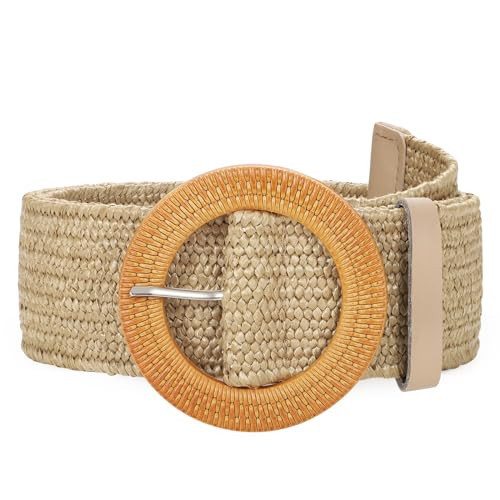 JASGOOD Straw Woven Elastic Stretch Belts for Women, Ladies Wide Boho Braided Dress Belts with Round buckle,Khaki | Amazon (US)