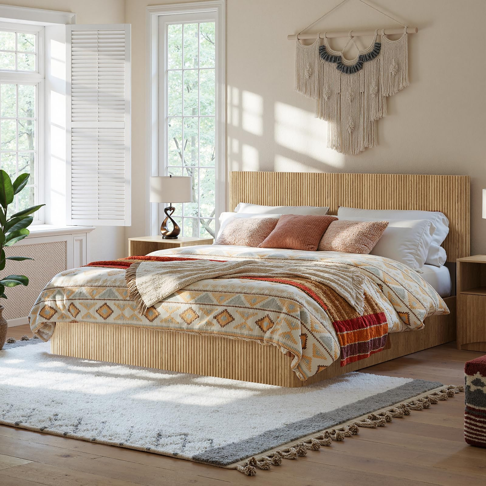 Evermagin Natural King Lift Up Storage Bed Frame, Mid Century Modern Fluted Bed Frame, Wood Hydra... | Amazon (US)