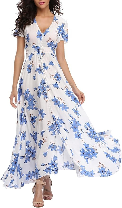 VintageClothing Women's Floral Maxi Dresses Boho Button Up Split Beach Party Dress | Amazon (US)