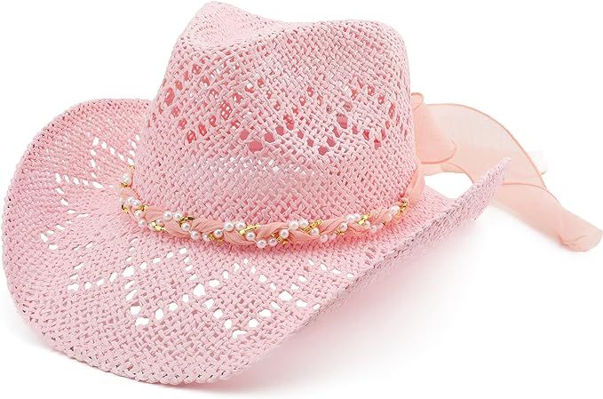 BESOOGII Straw Beach Cowboy Hat for Women Shapeable Brim Western Cowgirl Hat | Amazon (US)