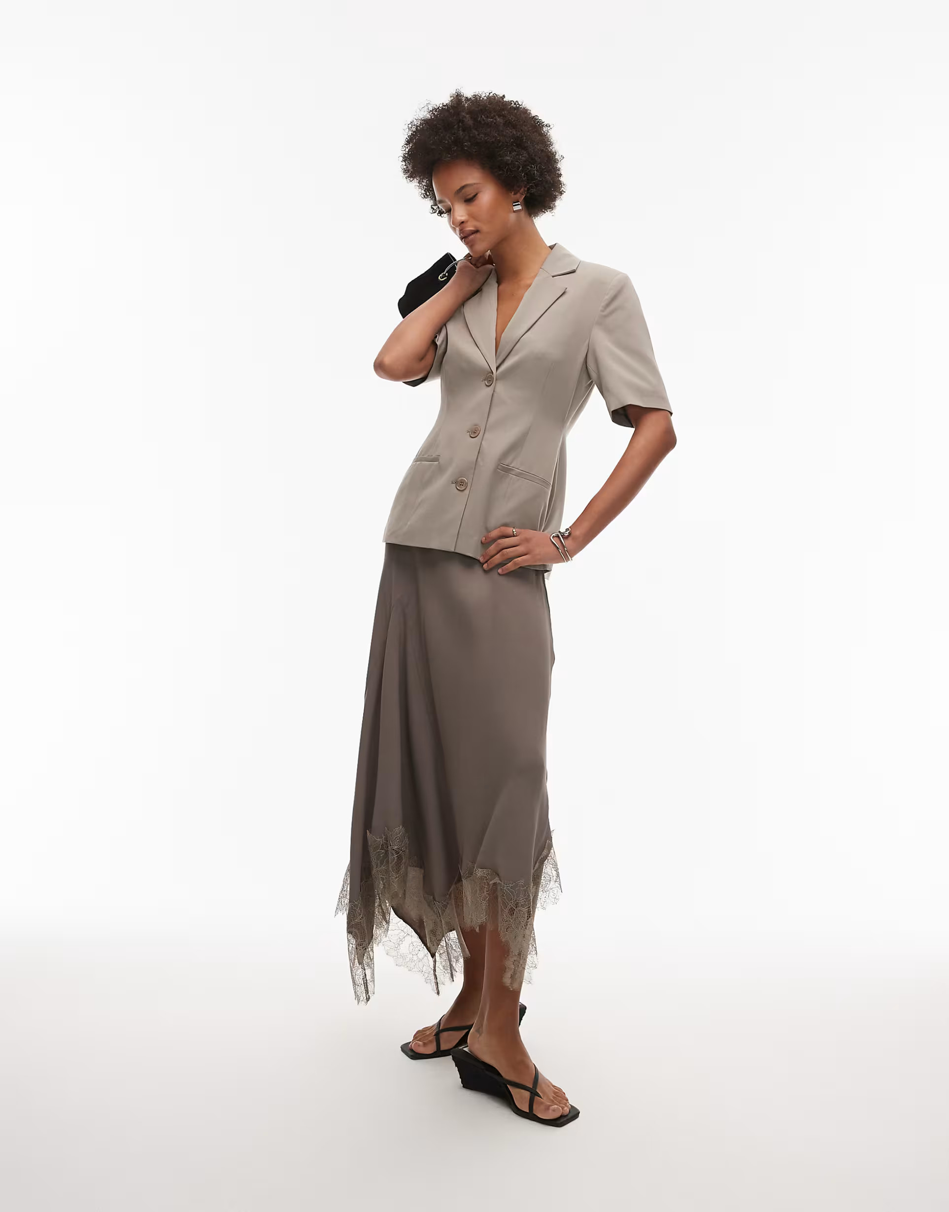 & Other Stories satin maxi skirt with asymmetric lace trim hem in light brown | ASOS (Global)